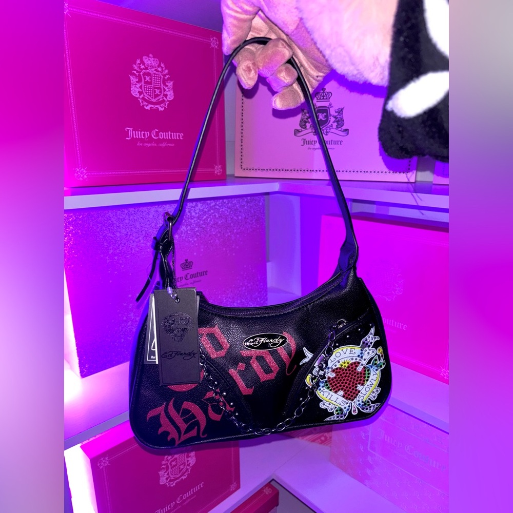 Ed Hardy Black and Red faux leather embellished Graphic Shoulder Bag